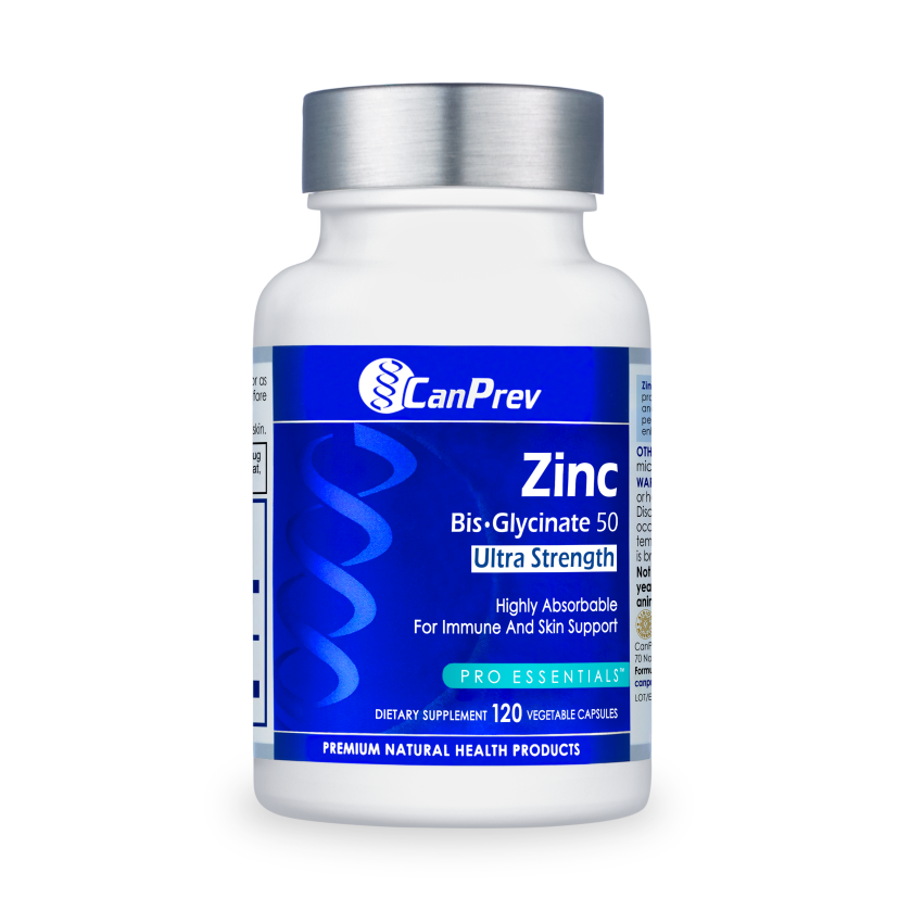 White CanPrev Zinc Bis-Glycinate 50 Ultra Strength supplement bottle with blue label, 120 capsules