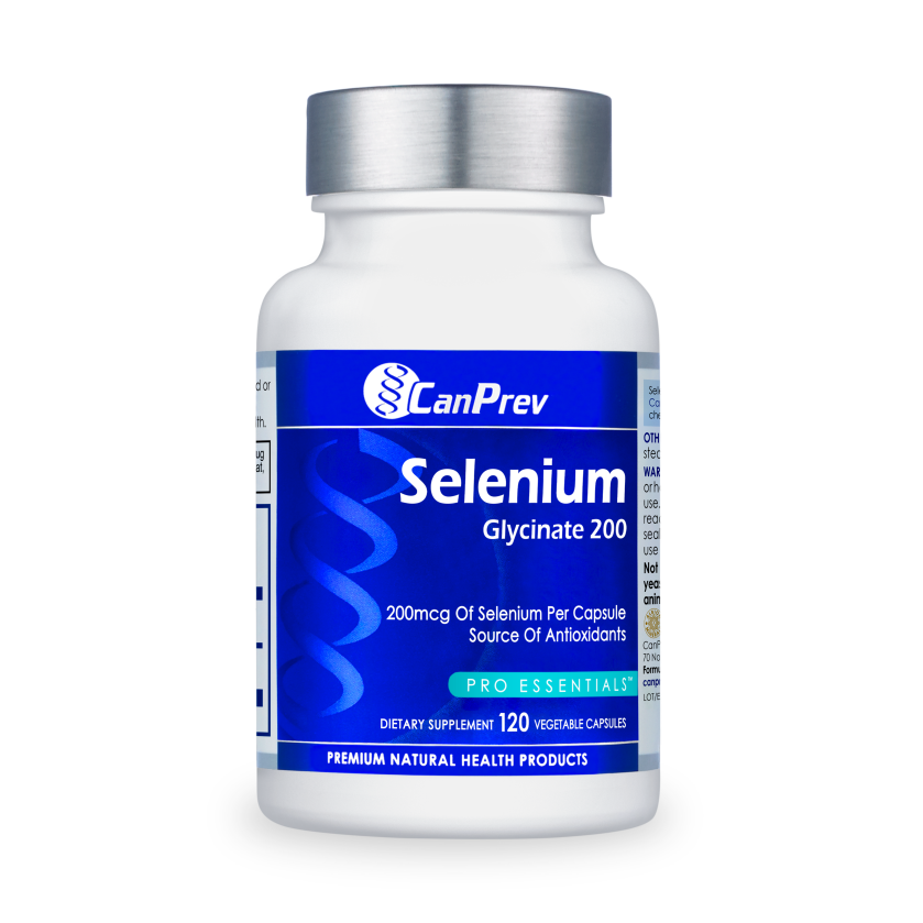 CanPrev Selenium Glycinate 200 dietary supplement bottle with 120 vegan capsules on blue label