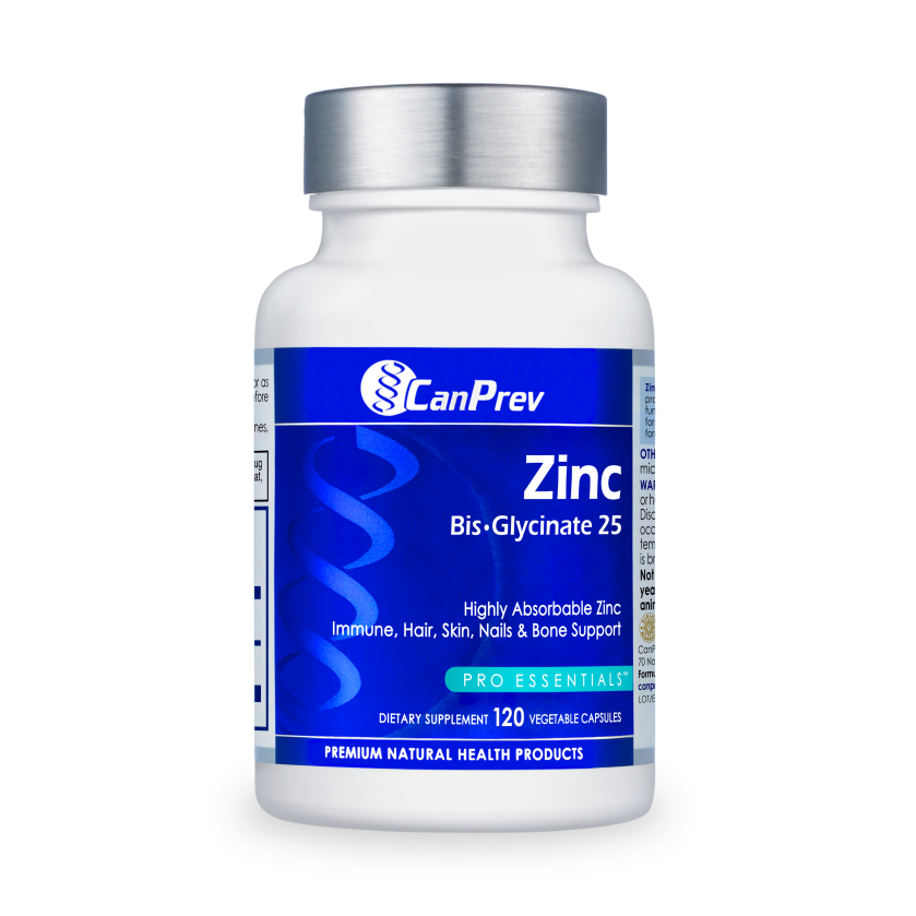 Dietary supplement bottle labeled Zinc Bis-Glycinate 25 from CanPrev with a blue label and silver cap