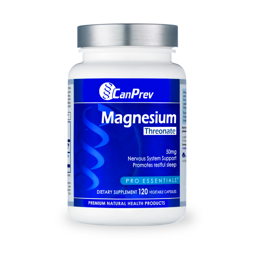 CanPrev Magnesium Threonate dietary supplement bottle with blue label on a black background